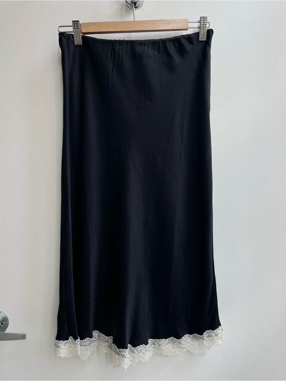 Anthropologie Black Satin Bias Cut Skirt with White Lace Small